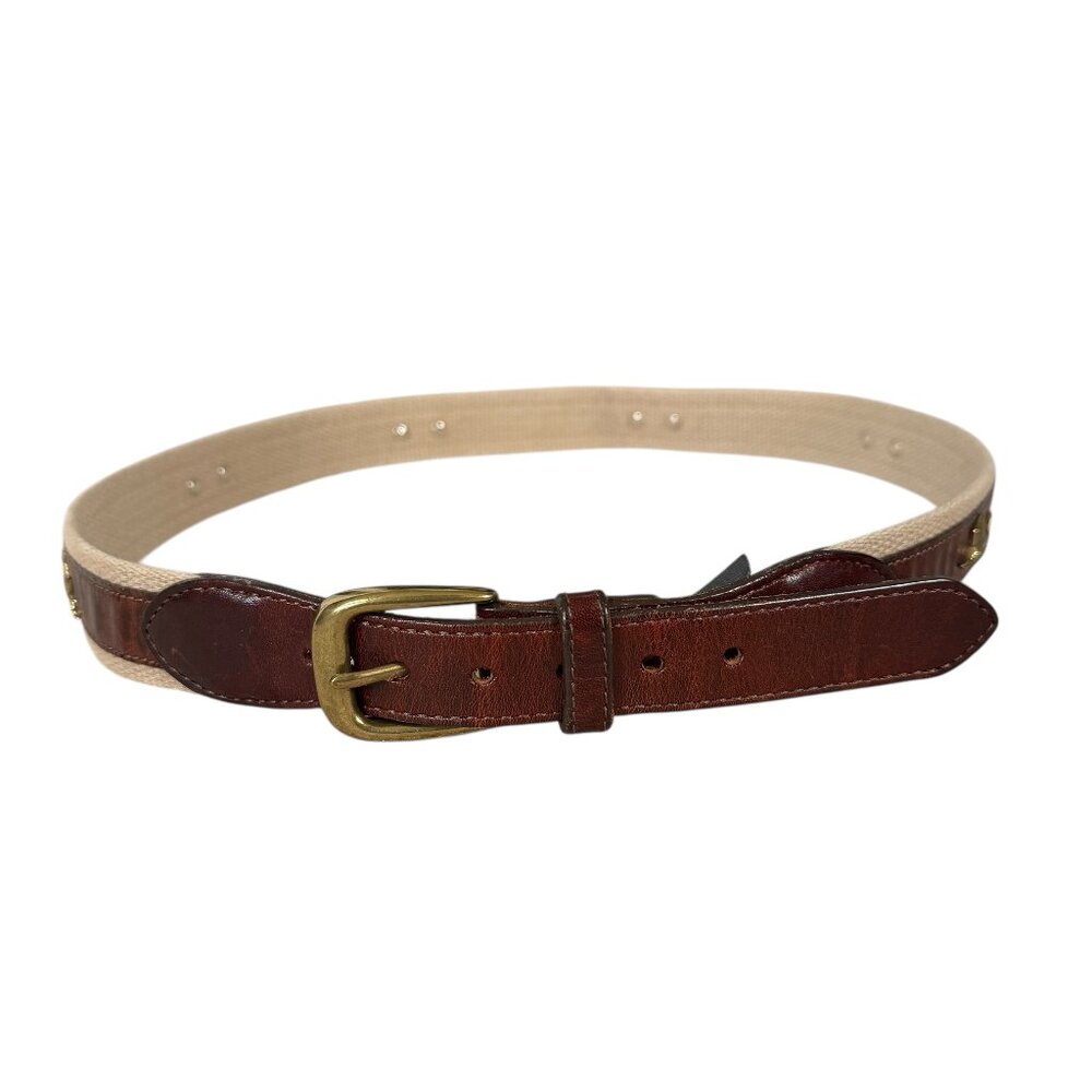 Brighton men's leather brass canvas brown and tan chasing sportfish adj belt